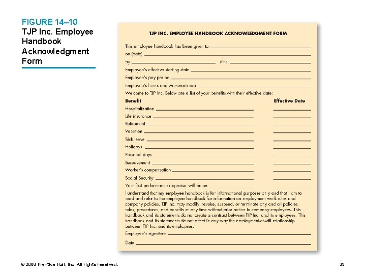 FIGURE 14– 10 TJP Inc. Employee Handbook Acknowledgment Form © 2008 Prentice Hall, Inc.