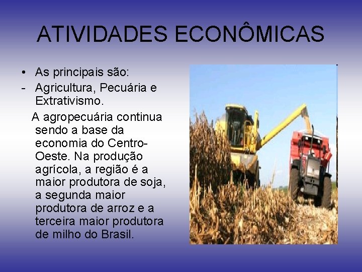 ATIVIDADES ECONÔMICAS • As principais são: - Agricultura, Pecuária e Extrativismo. A agropecuária continua