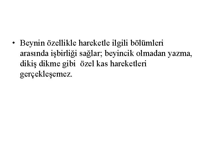 • Beynin özellikle hareketle ilgili bölümleri arasında işbirliği sağlar; beyincik olmadan yazma, dikiş • Beynin özellikle hareketle ilgili bölümleri arasında işbirliği sağlar; beyincik olmadan yazma, dikiş