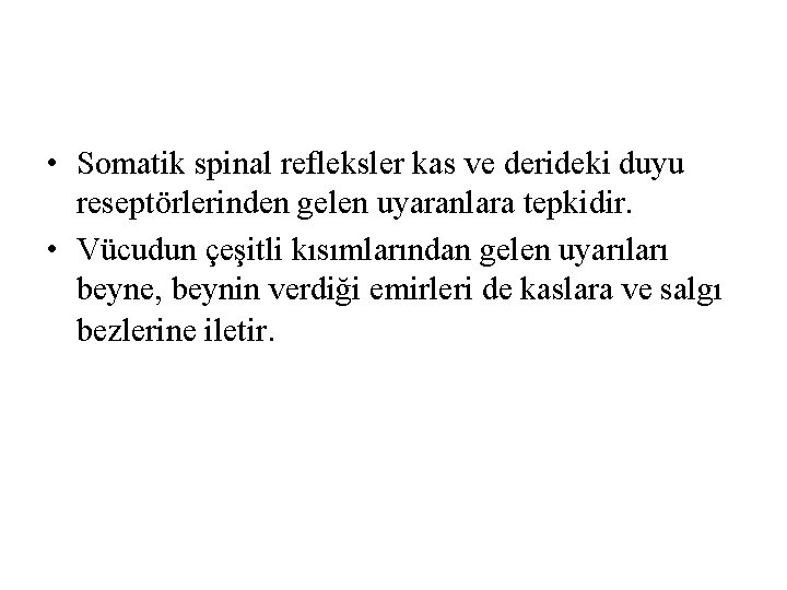 • Somatik spinal refleksler kas ve derideki duyu reseptörlerinden gelen uyaranlara tepkidir. • • Somatik spinal refleksler kas ve derideki duyu reseptörlerinden gelen uyaranlara tepkidir. •