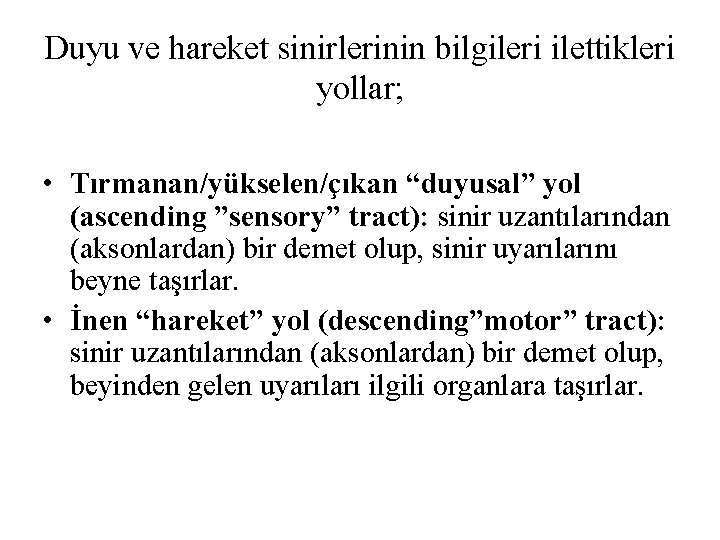 Duyu ve hareket sinirlerinin bilgileri ilettikleri yollar; • Tırmanan/yükselen/çıkan “duyusal” yol (ascending ”sensory” tract): Duyu ve hareket sinirlerinin bilgileri ilettikleri yollar; • Tırmanan/yükselen/çıkan “duyusal” yol (ascending ”sensory” tract):
