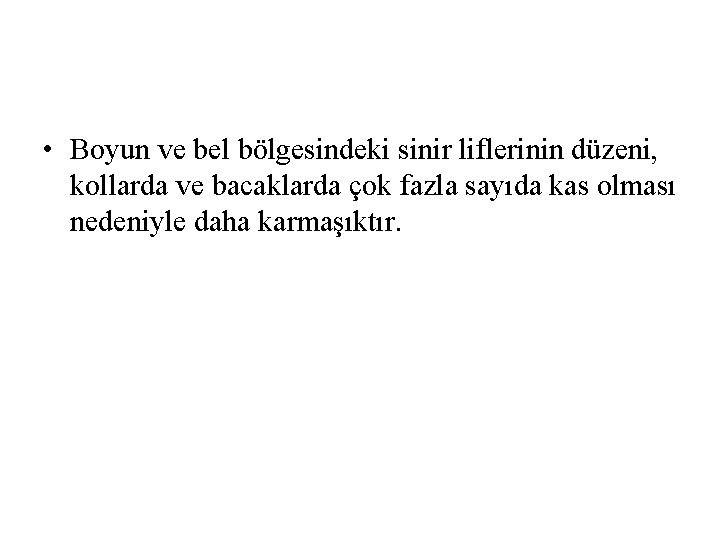 • Boyun ve bel bölgesindeki sinir liflerinin düzeni, kollarda ve bacaklarda çok fazla • Boyun ve bel bölgesindeki sinir liflerinin düzeni, kollarda ve bacaklarda çok fazla
