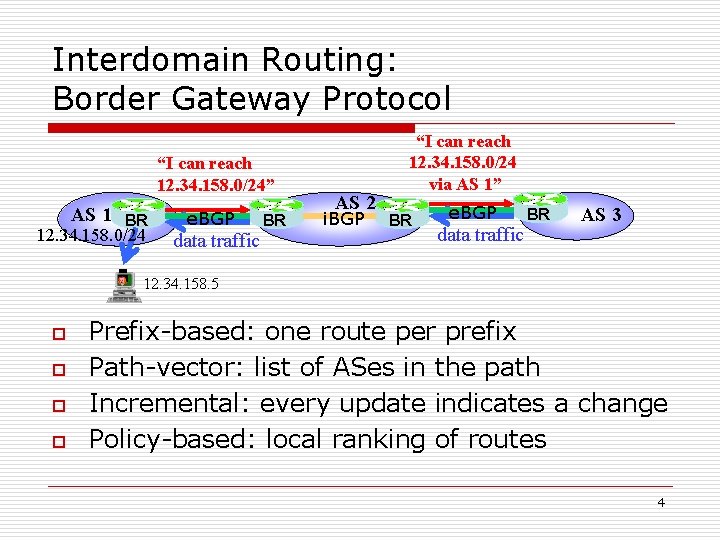 Interdomain Routing: Border Gateway Protocol “I can reach 12. 34. 158. 0/24” AS 1