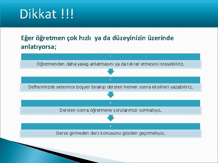 Dikkat !!! Eğer öğretmen çok hızlı ya da düzeyinizin üzerinde anlatıyorsa; 1 Öğretmenden daha