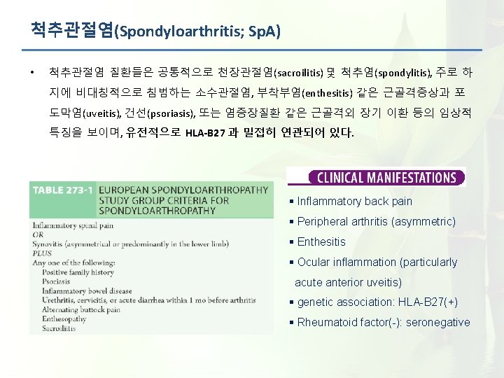 척추관절염(Spondyloarthritis; Sp. A) • 척추관절염 질환들은 공통적으로 천장관절염(sacroilitis) 및 척추염(spondylitis), 주로 하 지에 비대칭적으로