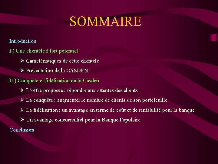 SOMMAIRE Introduction I ) Une clientèle à fort potentiel Ø Caractéristiques de cette clientèle