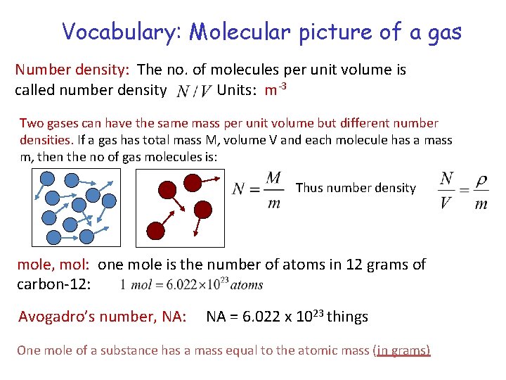 Vocabulary: Molecular picture of a gas Number density: The no. of molecules per unit