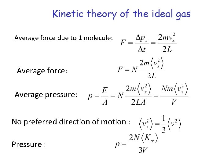 Kinetic theory of the ideal gas Average force due to 1 molecule: Average force: