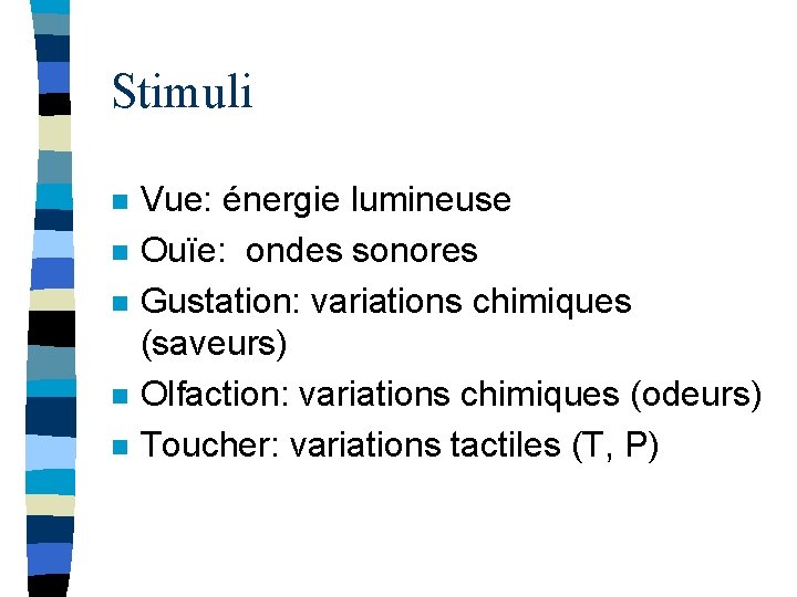 Stimuli n n n Vue: énergie lumineuse Ouïe: ondes sonores Gustation: variations chimiques (saveurs)