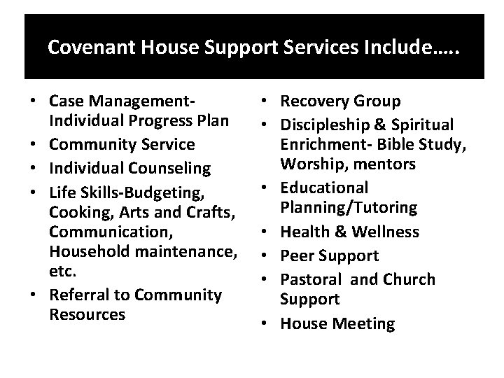 Covenant House Support Services Include…. . • Case Management. Individual Progress Plan • Community