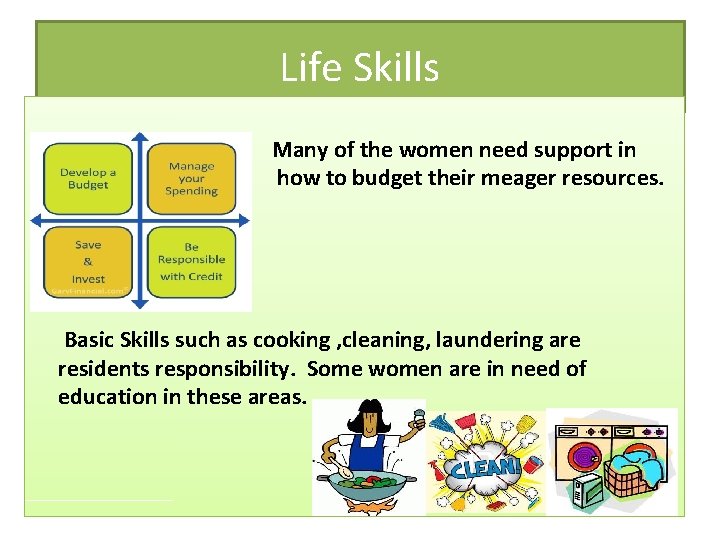 Life Skills learning Many of the women need support in how to budget their