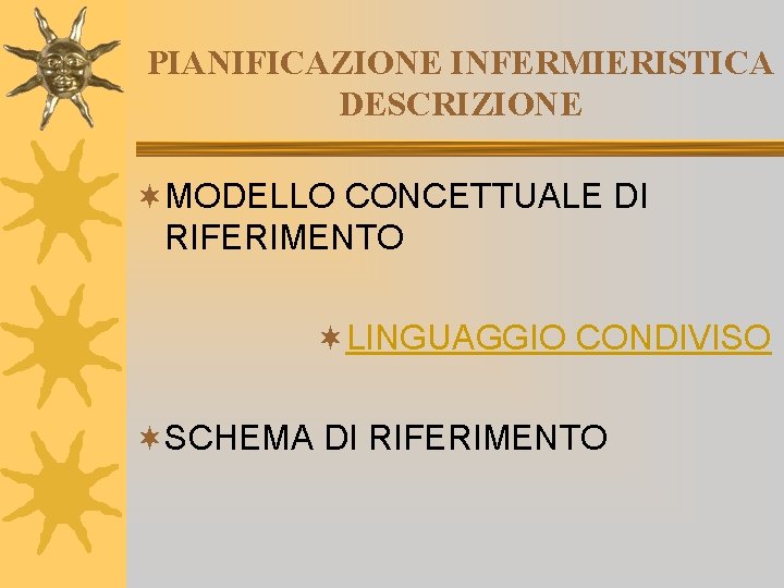 PIANIFICAZIONE INFERMIERISTICA DESCRIZIONE ¬MODELLO CONCETTUALE DI RIFERIMENTO ¬LINGUAGGIO CONDIVISO ¬SCHEMA DI RIFERIMENTO 