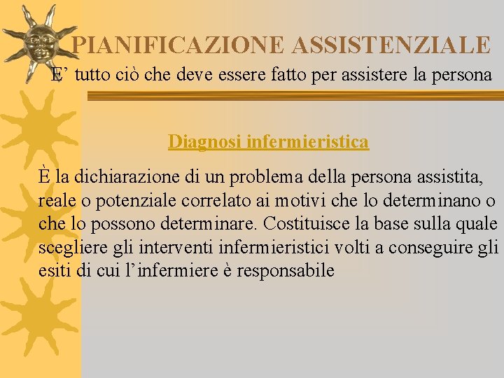 PIANIFICAZIONE ASSISTENZIALE E’ tutto ciò che deve essere fatto per assistere la persona Diagnosi