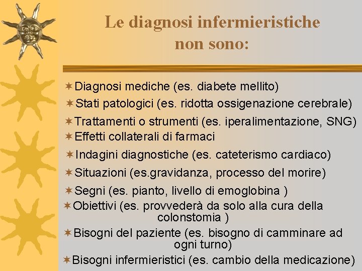 Le diagnosi infermieristiche non sono: ¬Diagnosi mediche (es. diabete mellito) ¬Stati patologici (es. ridotta