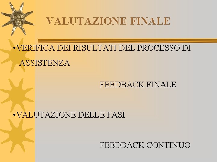 VALUTAZIONE FINALE • VERIFICA DEI RISULTATI DEL PROCESSO DI ASSISTENZA FEEDBACK FINALE • VALUTAZIONE