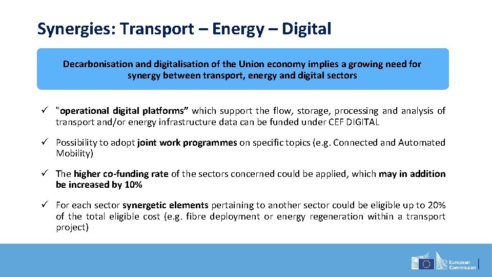 Synergies: Transport – Energy – Digital Decarbonisation and digitalisation of the Union economy implies