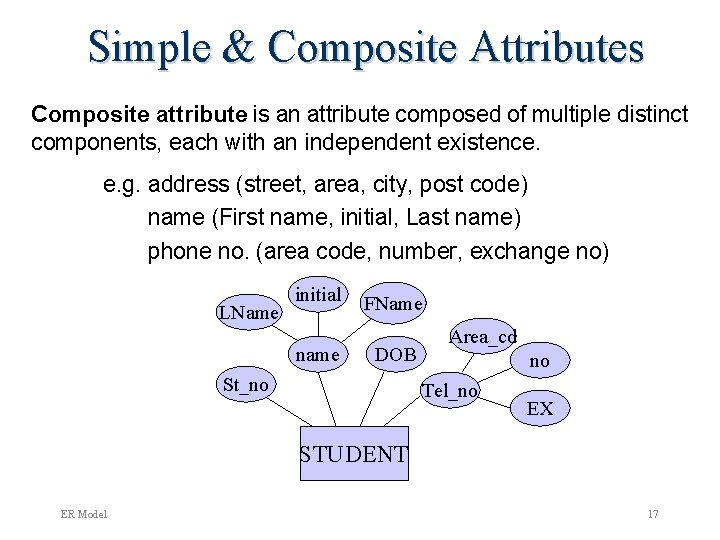 Simple & Composite Attributes Composite attribute is an attribute composed of multiple distinct components,