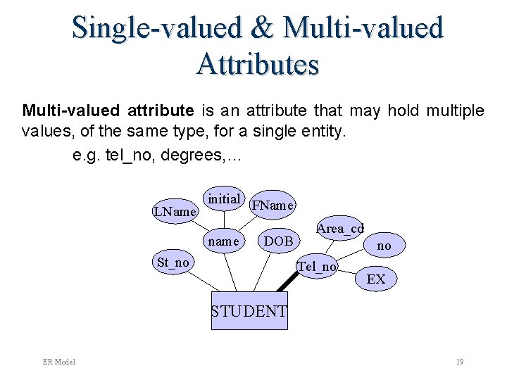 Single-valued & Multi-valued Attributes Multi-valued attribute is an attribute that may hold multiple values,