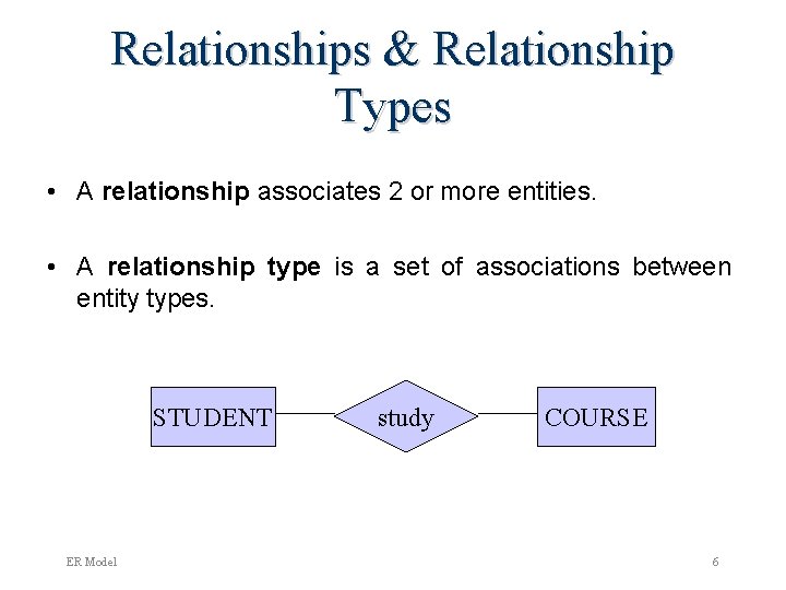 Relationships & Relationship Types • A relationship associates 2 or more entities. • A