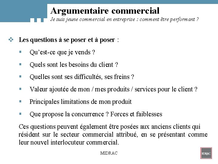 Argumentaire commercial Je suis jeune commercial en entreprise : comment être performant ? v