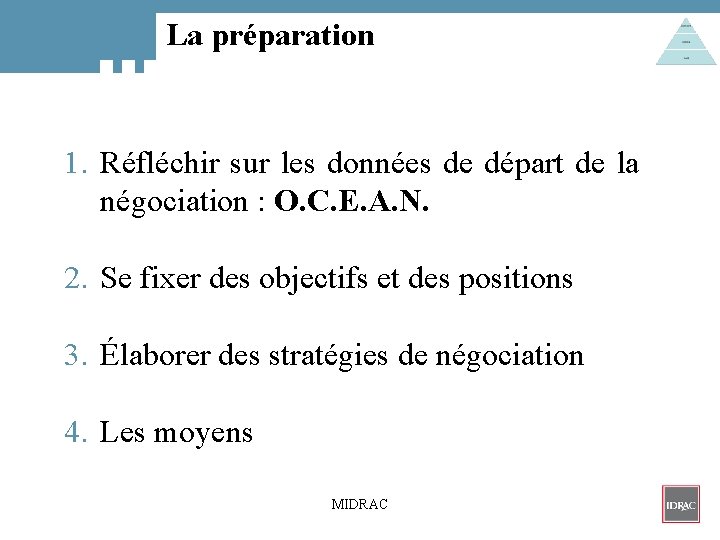 La préparation 1. Réfléchir sur les données de départ de la négociation : O.