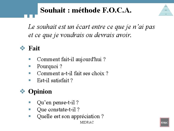 Souhait : méthode F. O. C. A. Le souhait est un écart entre ce