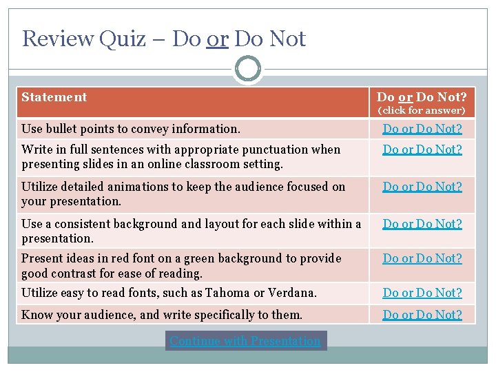 Review Quiz – Do or Do Not Statement Do or Do Not? (click for