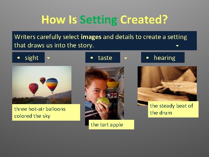 How Is Setting Created? Writers carefully select images and details to create a setting