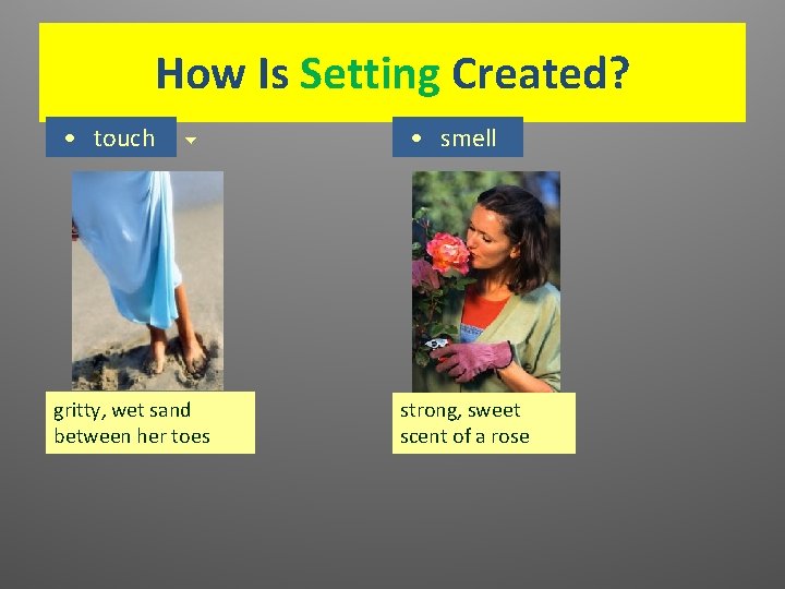 How Is Setting Created? • touch gritty, wet sand between her toes • smell