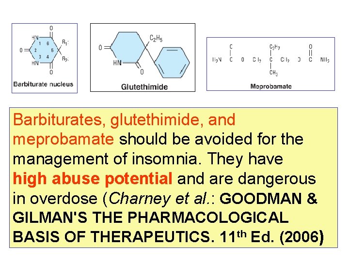 Barbiturates, glutethimide, and meprobamate should be avoided for the management of insomnia. They have