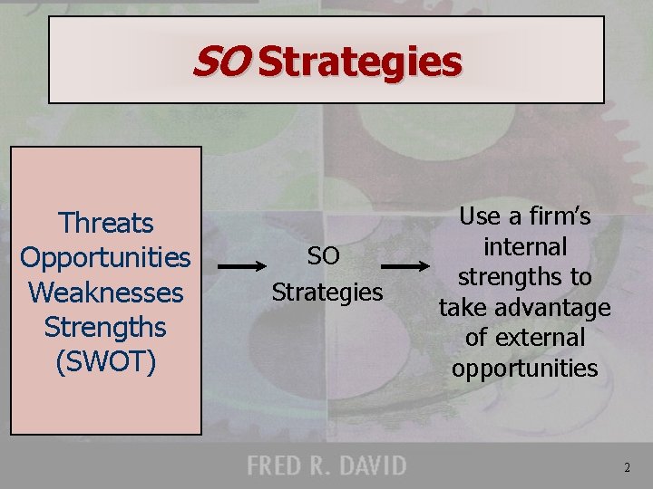 SO Strategies Threats Opportunities Weaknesses Strengths (SWOT) SO Strategies Use a firm’s internal strengths