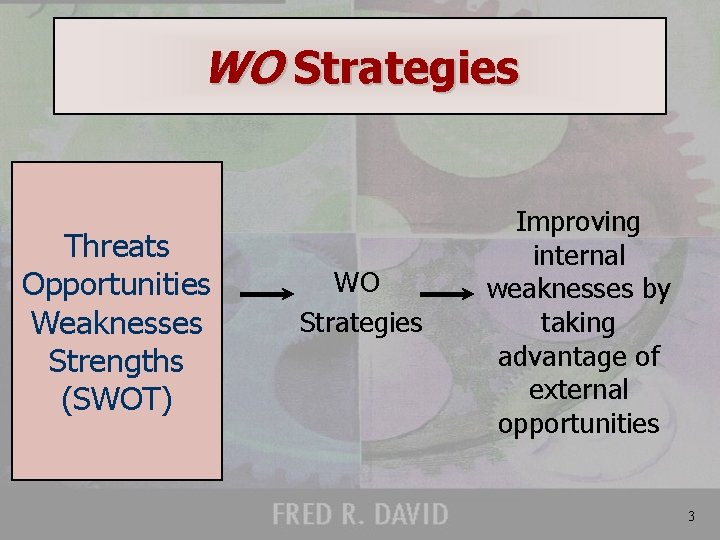 WO Strategies Threats Opportunities Weaknesses Strengths (SWOT) WO Strategies Improving internal weaknesses by taking