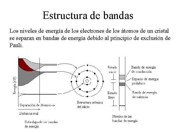Estructura de bandas Los niveles de energía de los electrones de los átomos de