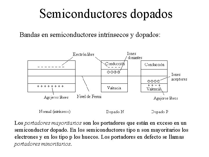 Semiconductores dopados Bandas en semiconductores intrínsecos y dopados: Los portadores mayoritarios son los portadores