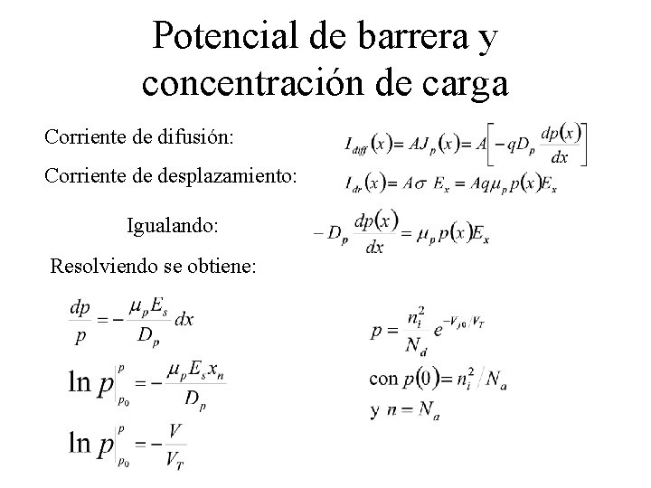 Potencial de barrera y concentración de carga Corriente de difusión: Corriente de desplazamiento: Igualando: