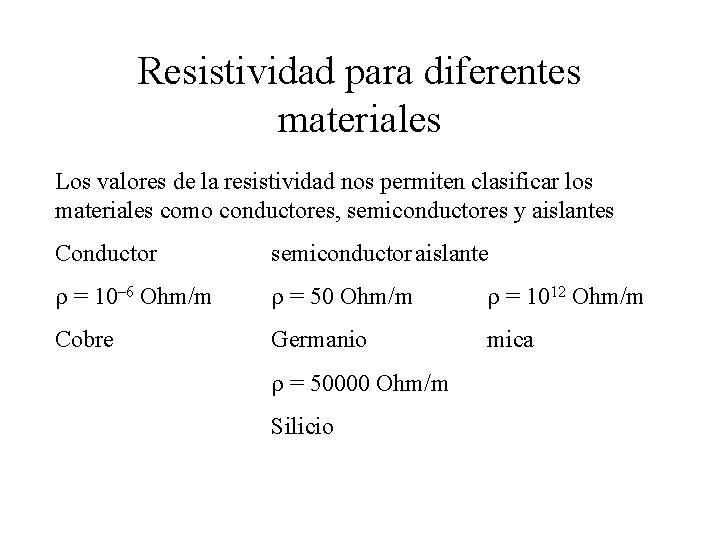 Resistividad para diferentes materiales Los valores de la resistividad nos permiten clasificar los materiales