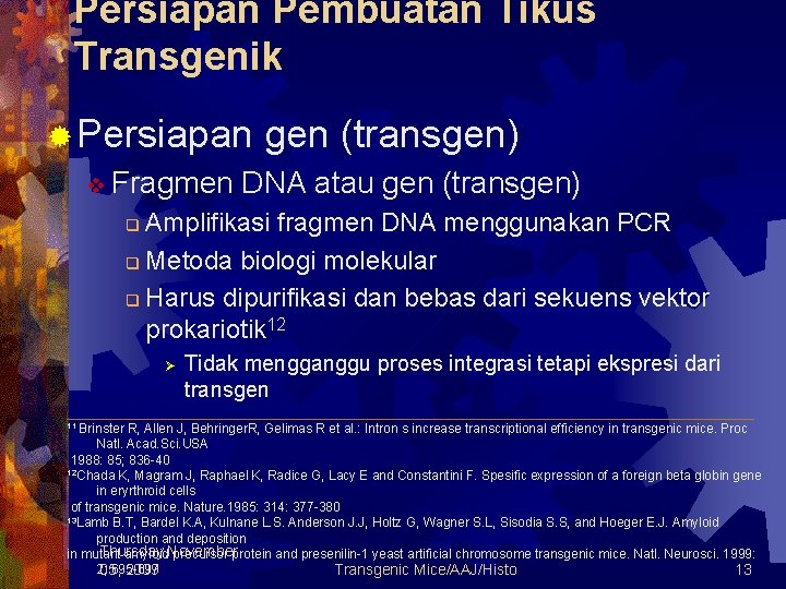 Persiapan Pembuatan Tikus Transgenik ® Persiapan gen (transgen) v Fragmen DNA atau gen (transgen)