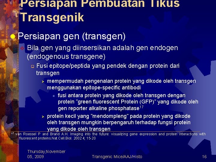 Persiapan Pembuatan Tikus Transgenik ® Persiapan v gen (transgen) Bila gen yang diinsersikan adalah