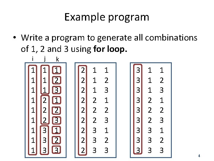 Example program • Write a program to generate all combinations of 1, 2 and