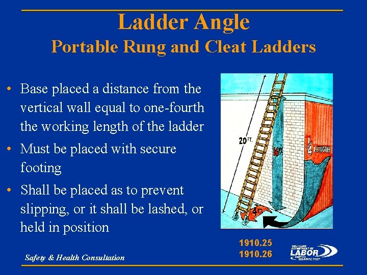 Ladder Angle Portable Rung and Cleat Ladders • Base placed a distance from the