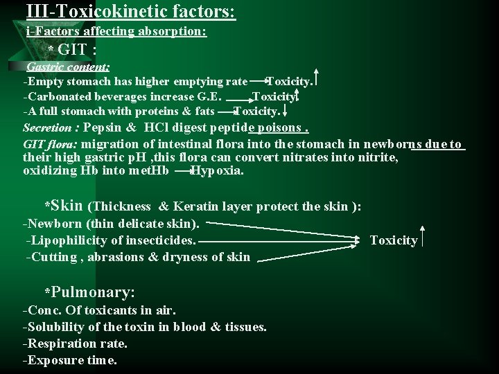 III-Toxicokinetic factors: i-Factors affecting absorption: * GIT : Gastric content: -Empty stomach has higher