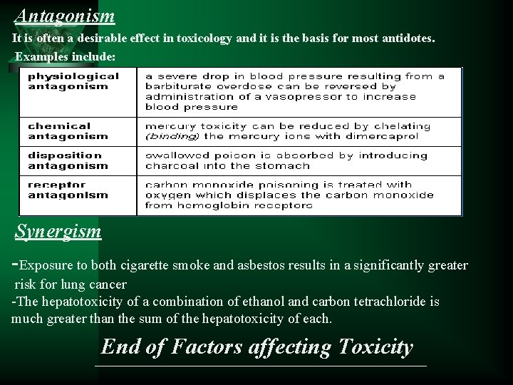 Antagonism It is often a desirable effect in toxicology and it is the basis