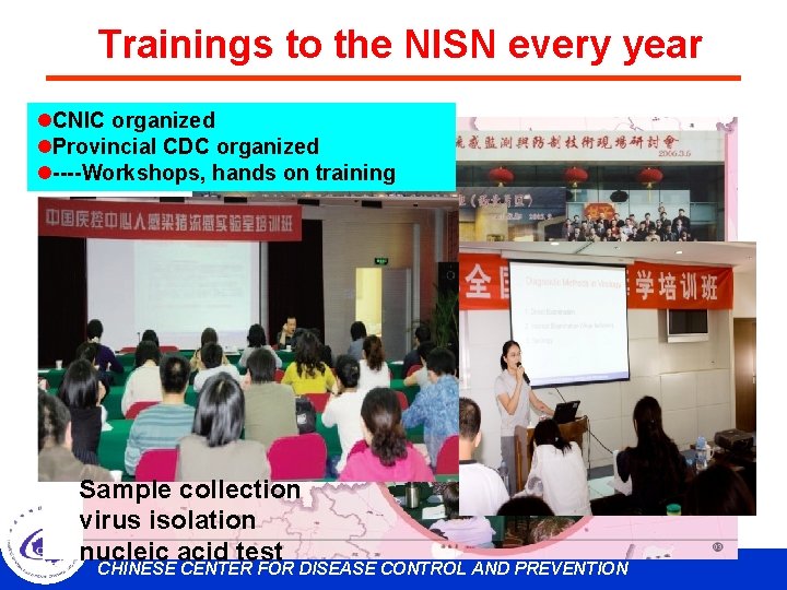 Trainings to the NISN every year l. CNIC organized l. Provincial CDC organized l----Workshops,