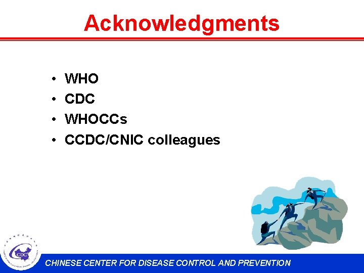 Acknowledgments • • WHO CDC WHOCCs CCDC/CNIC colleagues CHINESE CENTER FOR DISEASE CONTROL AND