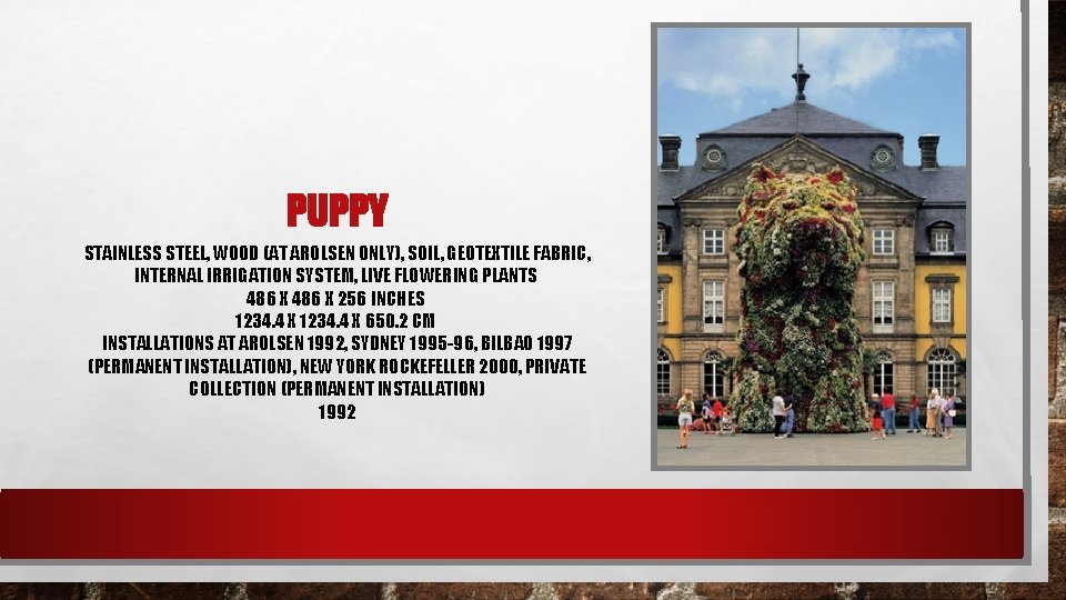 PUPPY STAINLESS STEEL, WOOD (AT AROLSEN ONLY), SOIL, GEOTEXTILE FABRIC, INTERNAL IRRIGATION SYSTEM, LIVE