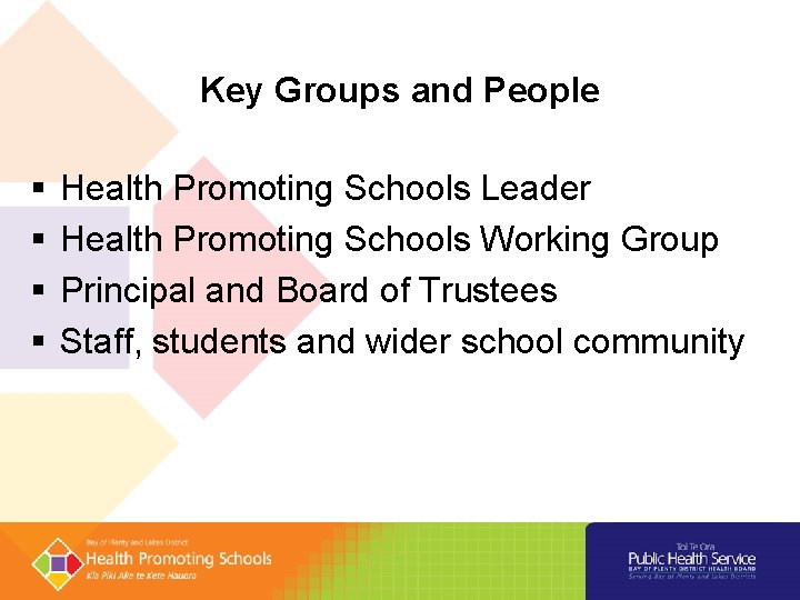 Key Groups and People § § Health Promoting Schools Leader Health Promoting Schools Working