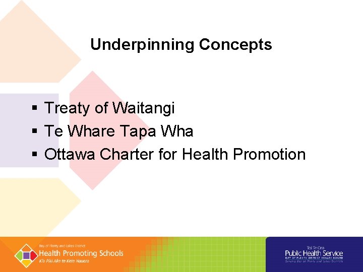 Underpinning Concepts § Treaty of Waitangi § Te Whare Tapa Wha § Ottawa Charter Underpinning Concepts § Treaty of Waitangi § Te Whare Tapa Wha § Ottawa Charter