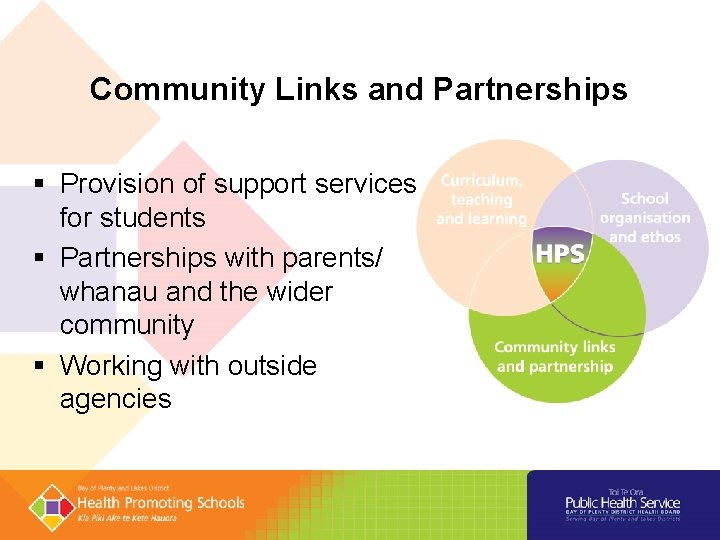 Community Links and Partnerships § Provision of support services for students § Partnerships with