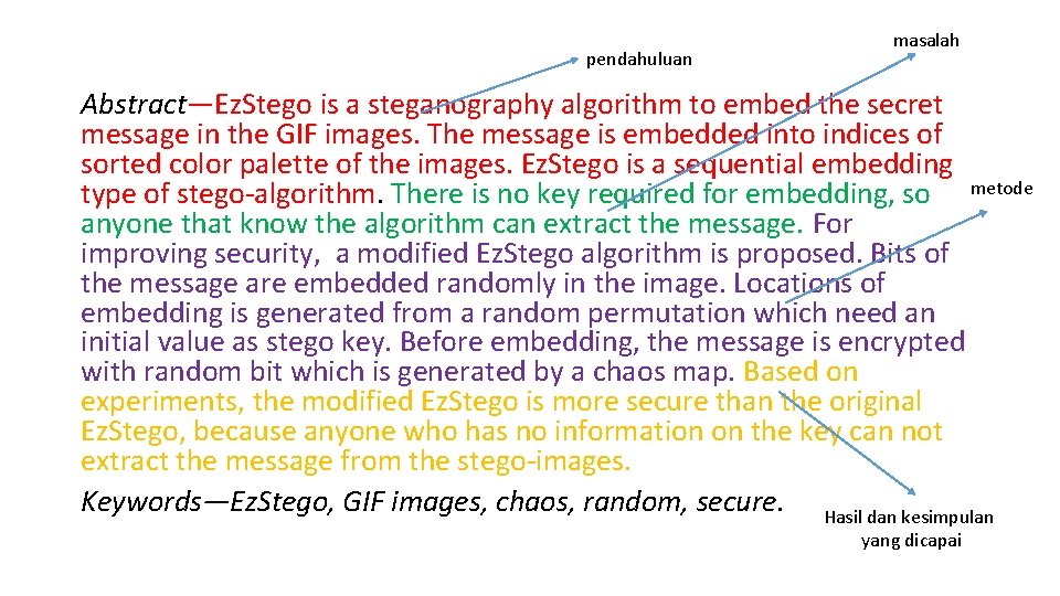 pendahuluan masalah Abstract—Ez. Stego is a steganography algorithm to embed the secret message in