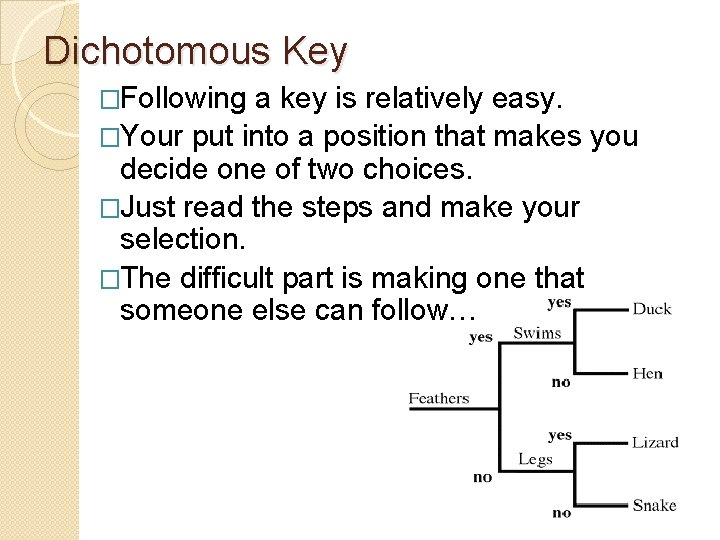 Dichotomous Key �Following a key is relatively easy. �Your put into a position that